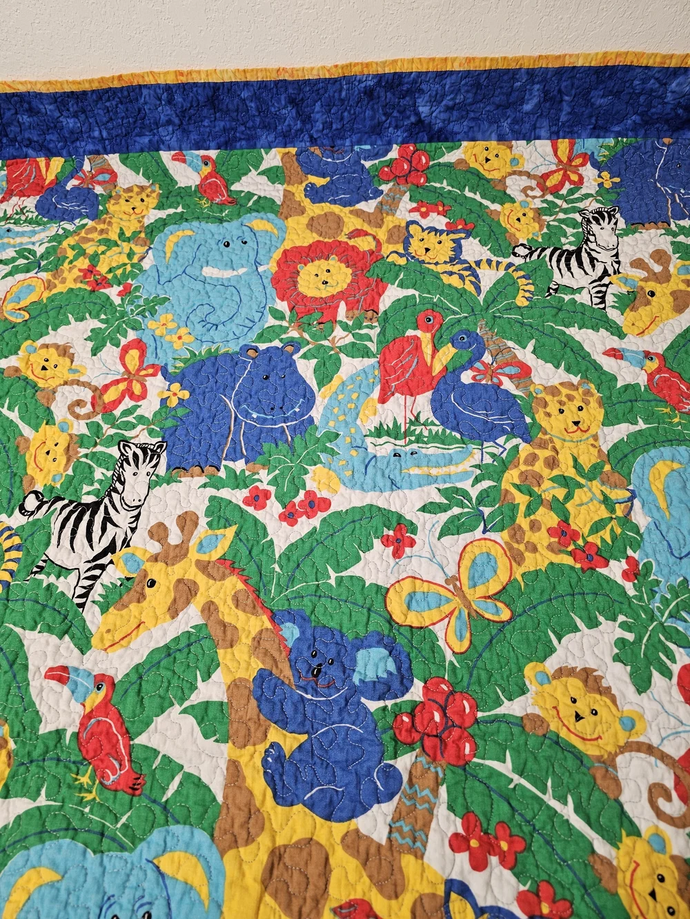 Reversible Crib Quilt Jungle Safari Animals Multicolor with Blue Backing